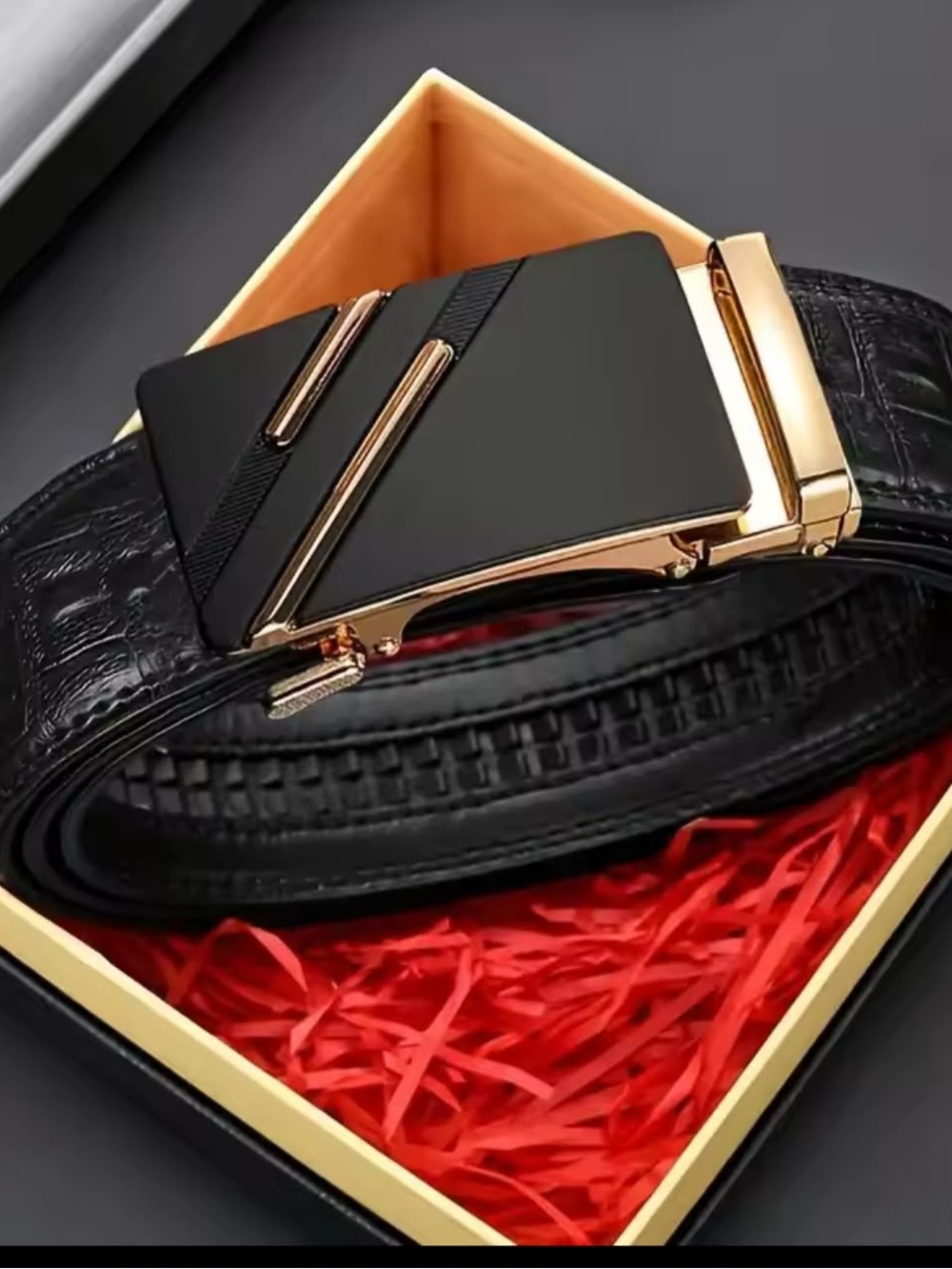 Black Croc-Embossed Leather Belt with Gold-Tone Buckle